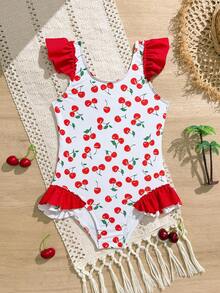 1件可爱樱桃印花女童连体泳衣 - 紅白色 - 查看 6
