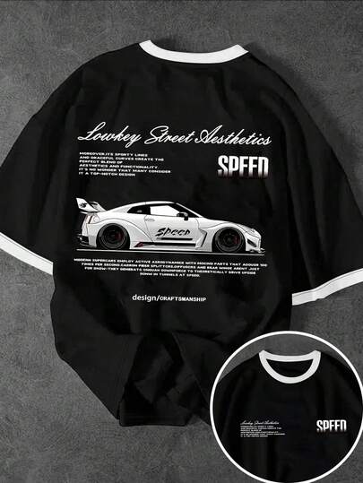 Glimmora Men's Slogan & Racing Car Print Round Neck Loose Casual Short Sleeve T-Shirt