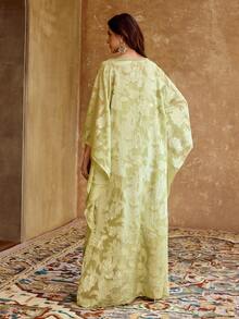 ZEYLAH Elegant Jacquard Flare Sleeve Loose Dress, Vacation Style, Spring/Autumn - Green - View 3