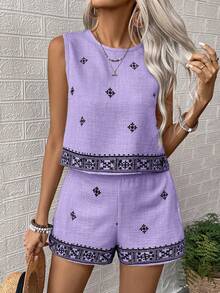 SHEIN LUNE Graphic Print Round Neck Tank Top And Shorts Casual Vacation 2 Pieces Set - Mauve Purple - View 3