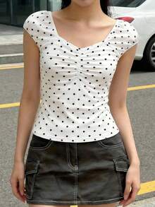 Teen GirlBlack Polka Dot Versatile Casual Short Sleeve Top, Spring/Summer - Black and White - View 5