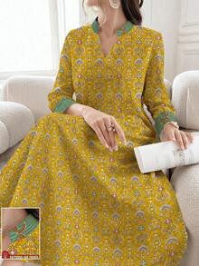 SHEIN Najma Women's Geometric Pattern & Coconut Tree Print V-Neck Long Sleeve Elegant Arabic Style Maxi Dress, Spring - Multicolor - View 1