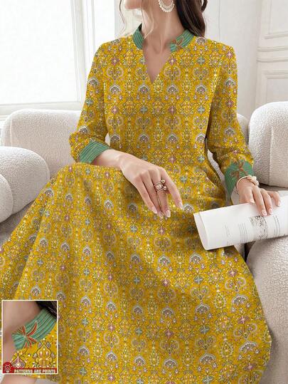 SHEIN Najma Gaun Maxi Wanita Lengan Panjang Leher V Elegan Gaya Arab dengan Motif Geometris dan Gambar Pohon Kelapa, Musim Semi
