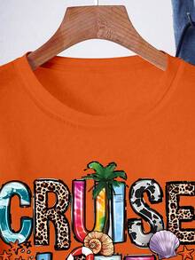 Resyla Women's Letter & Palm Tree Print Short Sleeve Casual Round Neck T-Shirt - Orange - View 3