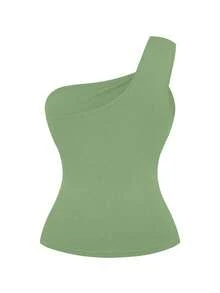 Velvienne 大码女士优雅单肩紧身黑色金属装饰纽扣衬衫 - 綠色 - 查看 2