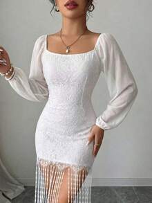 Modelyn 女士白色蕾丝流苏设计优雅时尚中长连衣裙，适合外出和约会 - 白色 - 查看 3