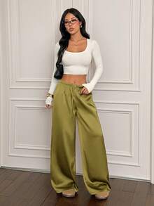 SHEIN PETITE 女款低腰休閒復古緞面百搭芥末綠長裙，適合嬌小女性 - 獵人綠 - 查看 3