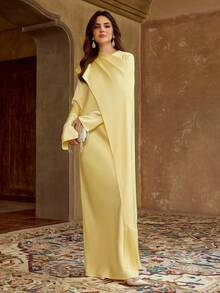 ZEYLAH 缎面不对称流苏长袖连衣裙，春夏款 - 淡黃色 - 查看 5