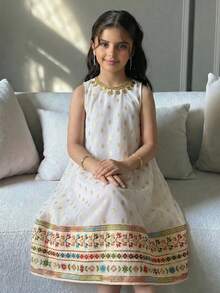 SHEIN Young Girl Elegant White Summer Party Gold Foil Print Sleeveless Dress,Cute Floral & Cartoon Print Casual Modest Kaftan,Jalabiya Muslim Kids Dresses - Gold - View 1