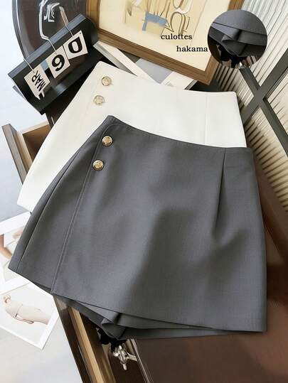 Franclia Women's New Fashion Casual Commuting Versatile Textured Soft Fabric Metal Button Shorts Skort Women's Shorts And Skorts For All Four Seasons: Spring, Summer, Autumn And Winter.Gray Women's Shorts Women's Hot Pants Women's Ultra-Short Casual Pants For Spring And Summer Urban Teacher Professional Wear Women's Solid Color Casual Versatile Skirt Shorts Summer Outfits Going Out Outfits Graduation Ceremony Holiday Outfits For Women