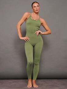 Activina 1 bộ quần áo liền thân tập yoga/thể dục không đường may, thấm hút mồ hôi, màu xanh rêu. - xanh quân đội - Xem 4