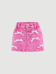 SHEIN Baby Girl Pink Ribbon Bow, Blue Denim Stretch Snug Fit Skirt - Pink - View 1