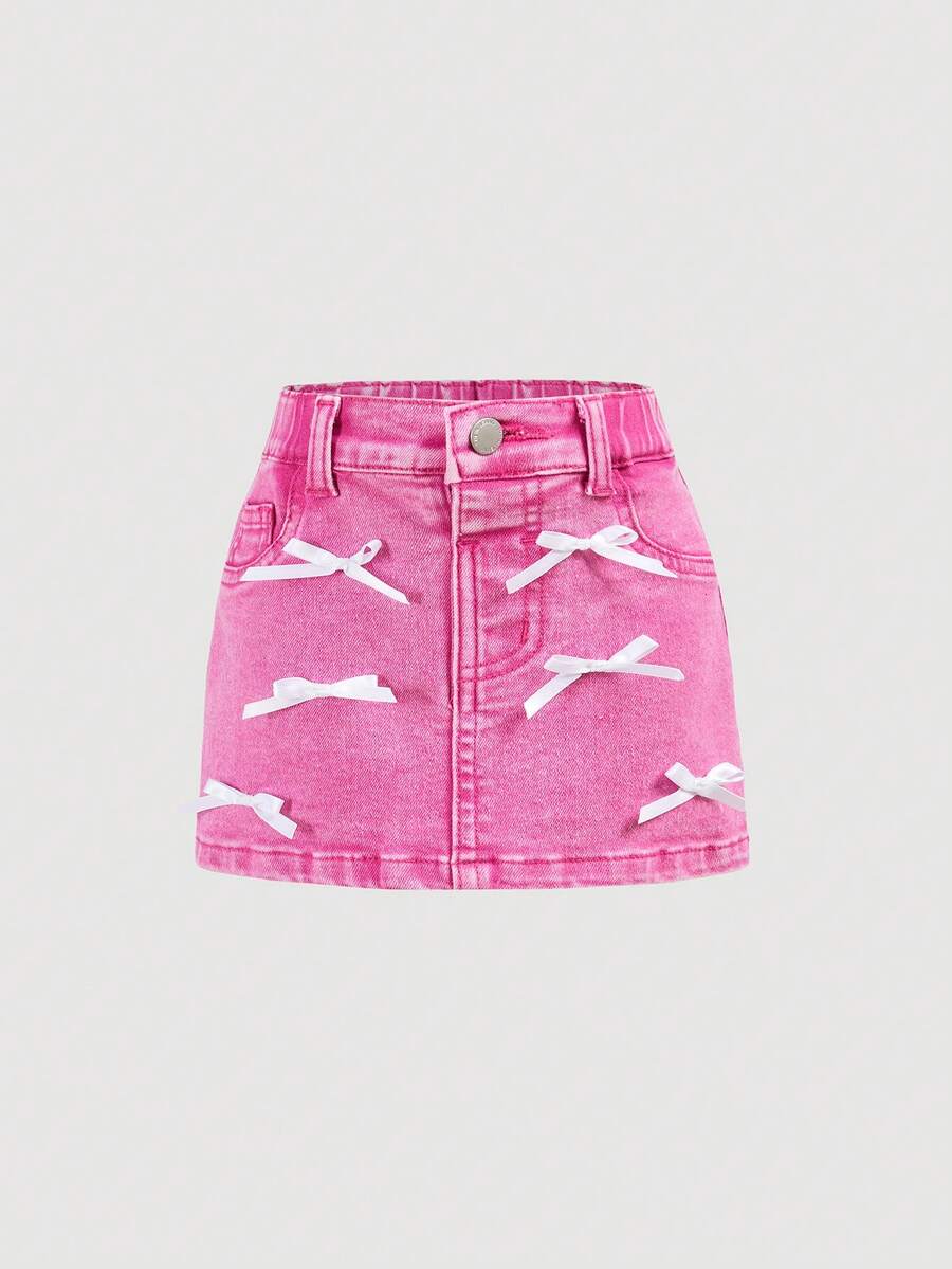 SHEIN Baby Girl Pink Ribbon Bow, Blue Denim Stretch Snug Fit Skirt - Pink - View 1