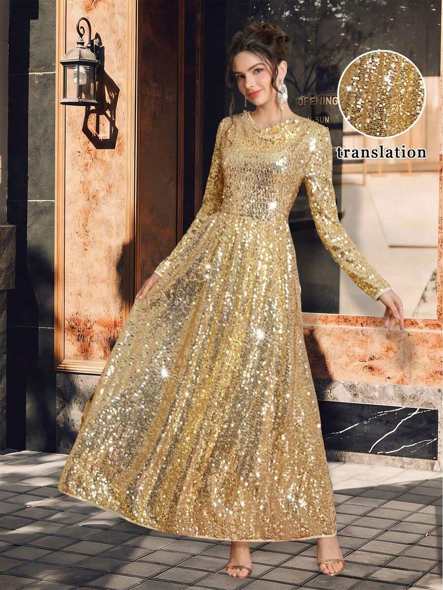 Opuloom 金色面料不对称下摆长袖派对礼服，休闲鸡尾酒会礼服 - 金色 - 查看 1