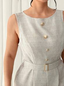 Mono elegante sin mangas para mujer con decoración de botones y cinturón, traje de tweed de alta calidad estilo mono de una pieza, casual para la oficina, citas, salidas - Gris Claro - Ver 5