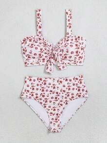 Swim Vcay 女士夏季新款度假风无肩带挂脖系带或可拆卸两穿高腰印花比基尼套装 - 彩色 - 查看 3