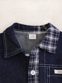 SHEIN Playful Pals Baby Boys' Denim Blue & Plaid Patchwork Short Sleeve Casual Shirt With Denim Shorts Set,Navy Blue,Summer,Casual,Family Matching Outings Birthday Party - Blue - View 4
