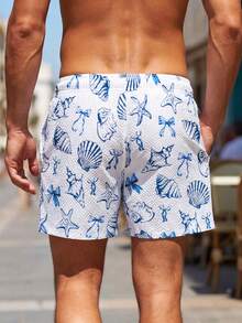 Manfinity Swimmode Men's Shell Print Drawstring Waist Casual Vacation Beach Shorts,White And Blue Summer Holiday 5 Inch Inseam Swim Trunks,Pool Party Slant Pocket - Blue and White - View 2