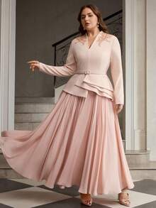 ZEYLAH 大码女式串珠腰部拼接长裙 - 粉色 - 查看 4