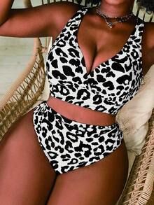 Slaydiva Bộ bikini hai mảnh cỡ lớn dành cho nữ, họa tiết da báo, cổ chữ V, cạp cao, kiểu tam giác. - Nhiều màu - Xem 1