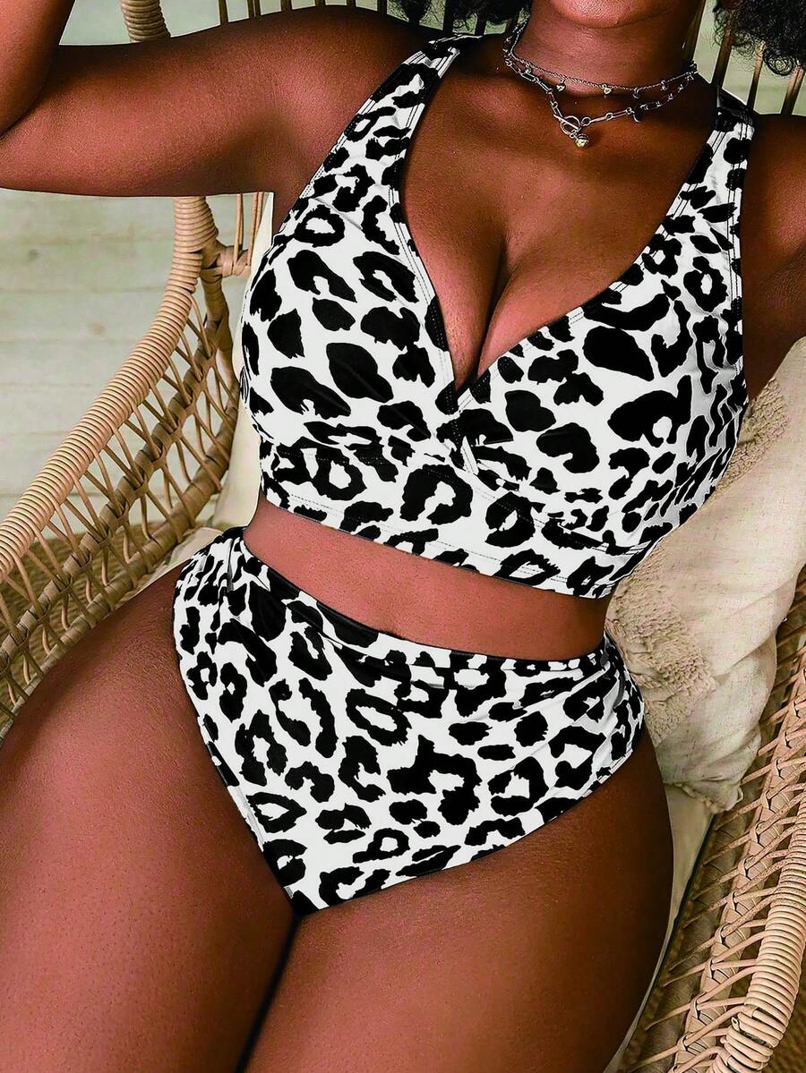 Slaydiva Bộ bikini hai mảnh cỡ lớn dành cho nữ, họa tiết da báo, cổ chữ V, cạp cao, kiểu tam giác. - Nhiều màu - Xem 1
