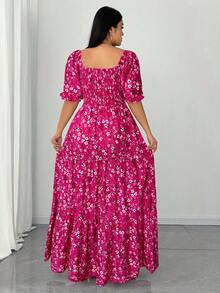 Elenzga 大码夏季休闲碎花方领泡泡袖连衣裙 - 玫紅色 - 查看 4