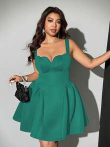 Viva Relle Plus Size Women Heart Shaped Strap Solid Color Elegant Dress - Teal Blue - View 4