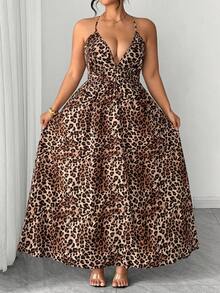 SHEIN Elenzya 女士性感深V交叉露背豹纹连衣裙，热带度假风/高腰吊带长裙，显瘦日常装 - 彩色 - 查看 4