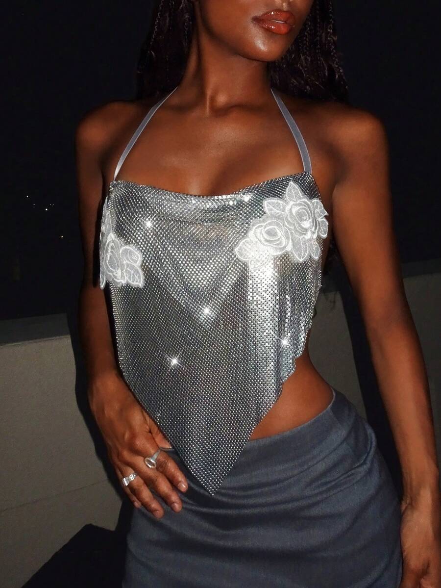 SHEIN DivaQ Women's Metal Spaghetti Strap Camisole, Metallic Shiny Finish, Suitable For Music Festivals, Carnivals, Parties - Silver - View 1