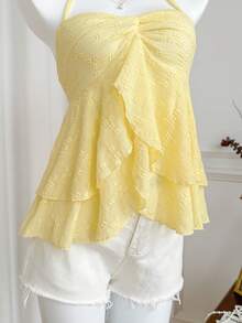 Sweetra 女士蕾丝纹理吊带扭结背心，性感简约，百搭，适合日常、休闲、工作、约会、春夏穿着。 - 黃色 - 查看 7