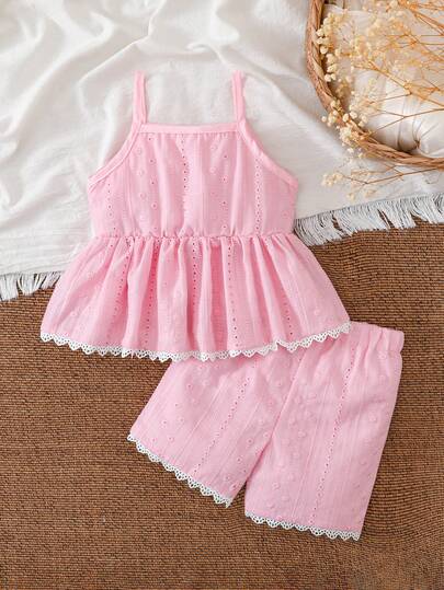 Baby Girls Comfortable Fashion Regular Thick Knit Embroidered Textured Camisole Top With Ruffle Hem And Shorts 2 Piece Set, Versatile And Breathable For Summer Outings, Vacation And Daily Wear
