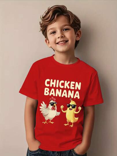 SHEIN Explorewe 男童休闲舒适时尚创意趣味卡通鸡香蕉拟人化字母印花短袖T恤，适合春夏户外、上学、日常休闲穿着