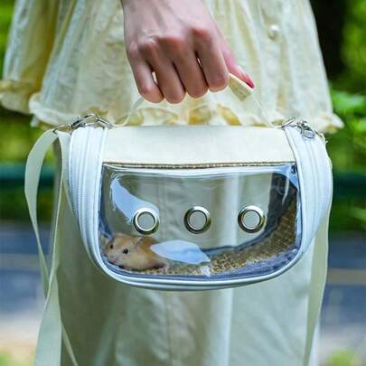 1个便携式小型动物背包，透气网布，透明气泡窗，适用于豚鼠、兔子、老鼠、鸟类，夏季旅行