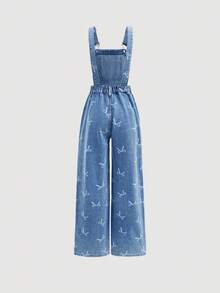 Girlism 少女时尚休闲 Y2K 复古酷炫街头返校学院风蝴蝶结图案设计蓝色牛仔背带裤，适合少女日常穿着，柔软舒适，也适合少女秋冬季参加锐舞派对、节日活动、街头服饰和校园服装。 - 中等水洗藍 - 查看 2