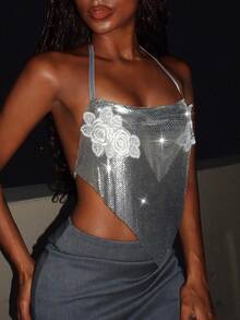 SHEIN DivaQ Women's Metal Spaghetti Strap Camisole, Metallic Shiny Finish, Suitable For Music Festivals, Carnivals, Parties - Silver - View 4