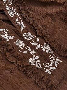 Nubod Elegantes, vintage französischer Stil V-Ausschnitt, gerüschtes, besticktes, strukturiertes Stoff Lässig Pendler Kleid, Frühling/Sommer - Braun - Übersicht 3