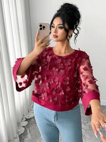 Elenzga Plus Size Women's Fashionable Delicate 3D Floral Sheer Poncho Top, Spring/Summer - Red Violet - View 6