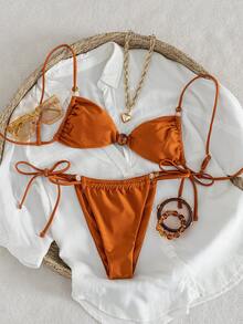Swim SXY 夏季度假性感纯色抽绳串珠吊带比基尼套装 - 亮橙色 - 查看 2