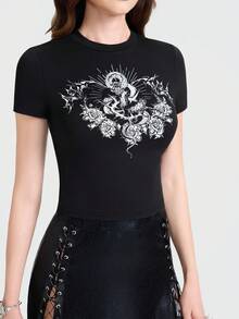 Breakform Áo thun nữ tay ngắn ôm sát, cổ tròn, họa tiết rắn cuộn và gai bao quanh hoa hồng theo phong cách Gothic. - màu đen - Xem 5