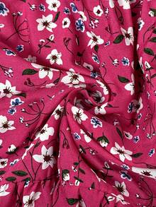 Elenzga 大码夏季休闲碎花方领泡泡袖连衣裙 - 玫紅色 - 查看 6