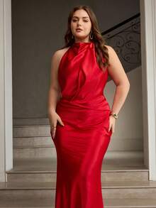 ZEYLAH Elegante vestido de sirena de cuello halter y largo - Rojo - Ver 4