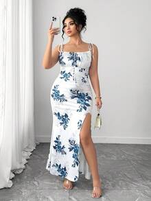 Elenzga Women's Summer  Dress With Spaghetti Straps, Waist Tie, Pleated Skirt And Slit Design. Versatile For Dates, Parties And Everyday Wear, Elegant Cut Flatters Feminine Charm. Bodycon Maxi Dress Women Prom Blue Flower Dress Summer Elegant Dress - Blue - View 4