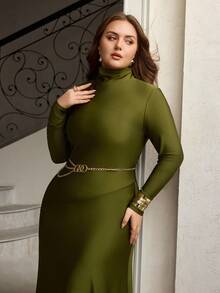 ZEYLAH Turtleneck Knit Minimalist Long Sleeve Fitted Dress - Army Green - View 7