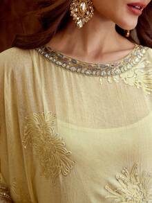 ZEYLAH Embroidered Contrast Trim Elegant Batwing Sleeve Robe - Apricot - View 3