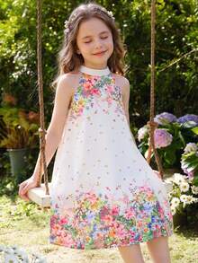 SHEIN 女童无袖碎花休闲雪纺连衣裙 女童复活节连衣裙 碎花女童连衣裙 女童碎花图案夏季连衣裙 女童无袖A字休闲连衣裙 象牙色女童连衣裙 - 白色 - 查看 5