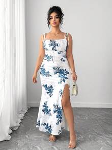 Elenzga Women's Summer  Dress With Spaghetti Straps, Waist Tie, Pleated Skirt And Slit Design. Versatile For Dates, Parties And Everyday Wear, Elegant Cut Flatters Feminine Charm. Bodycon Maxi Dress Women Prom Blue Flower Dress Summer Elegant Dress - Blue - View 5