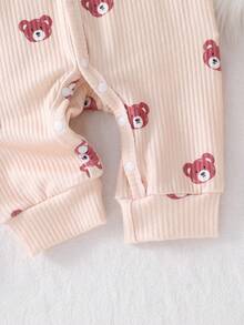 Newborn Beige Bear Pattern Long Sleeve Jumpsuit With Hat Set - Khaki - View 8