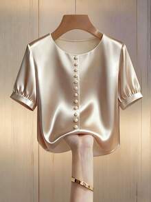 Franclia Women's Simple Round Neck Beaded Puff Sleeve Rayon Casual Loose Blouse - Apricot - View 3