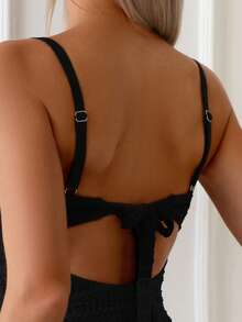 Swim Basics 女士简约纯色镂空交叉前襟粗肩带连体泳衣，夏季款 - 黑色 - 查看 5