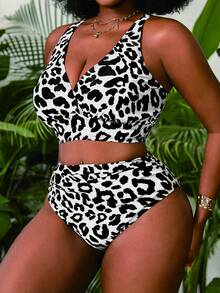 Slaydiva Bộ bikini hai mảnh cỡ lớn dành cho nữ, họa tiết da báo, cổ chữ V, cạp cao, kiểu tam giác. - Nhiều màu - Xem 4